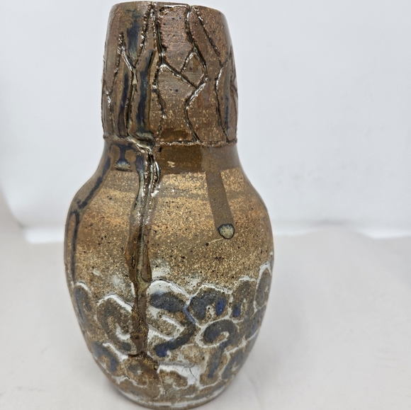 Rustic Pottery Vase Brown & Blue Dripped Glaze Round 7x4 Circumference 12.75 - Picture 2 of 10